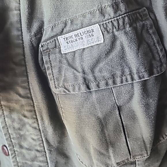 Women's True Religion Army Green Cargo Light Denim Military style Jacket Y2K - Picture 2 of 11